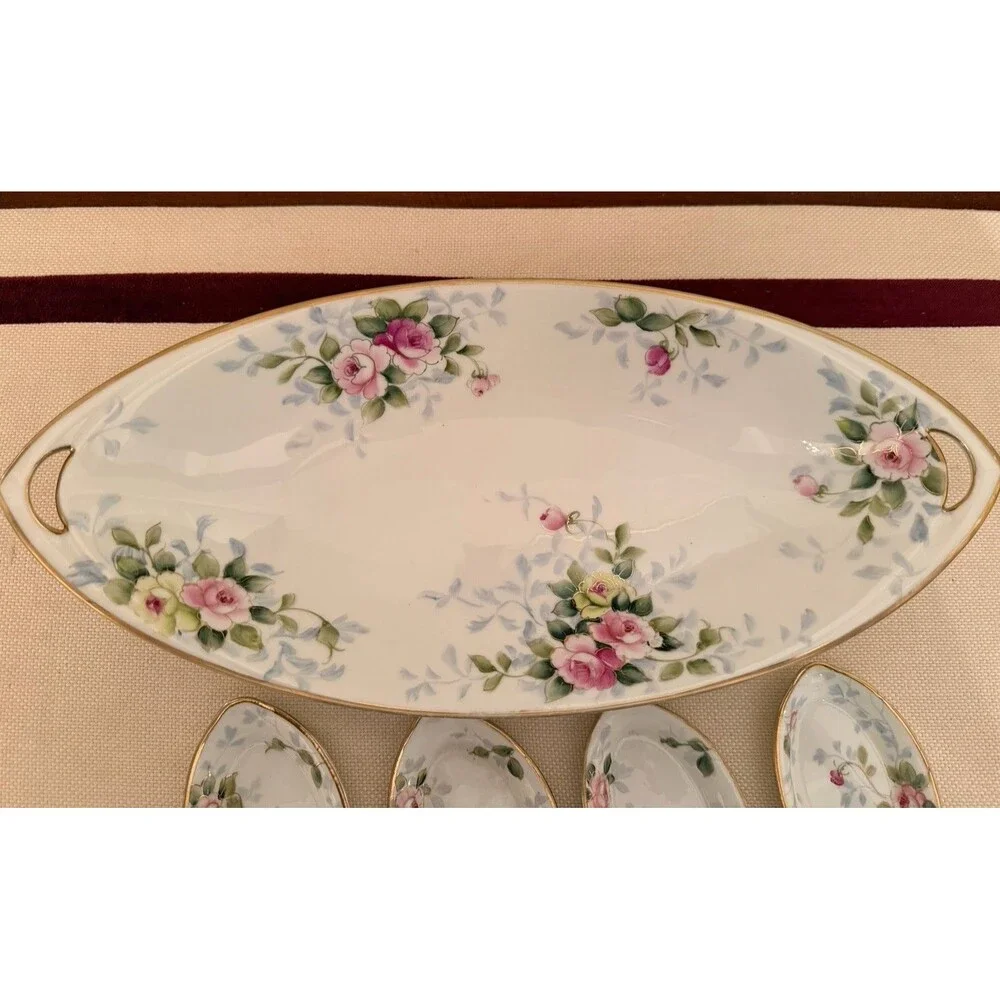 Vintage Hand-painted Nippon Porcelain Vegetable Dish & Open Salt Dishes Set